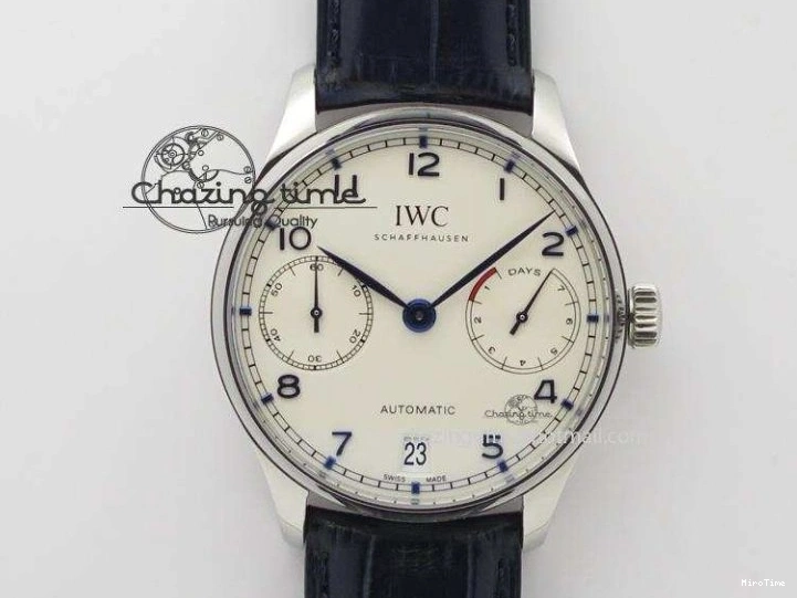 MIROTIME 0421 Portuguese IW5444 SS White Dial Blue Numbers On Blue Leather Strap A Modern 7258